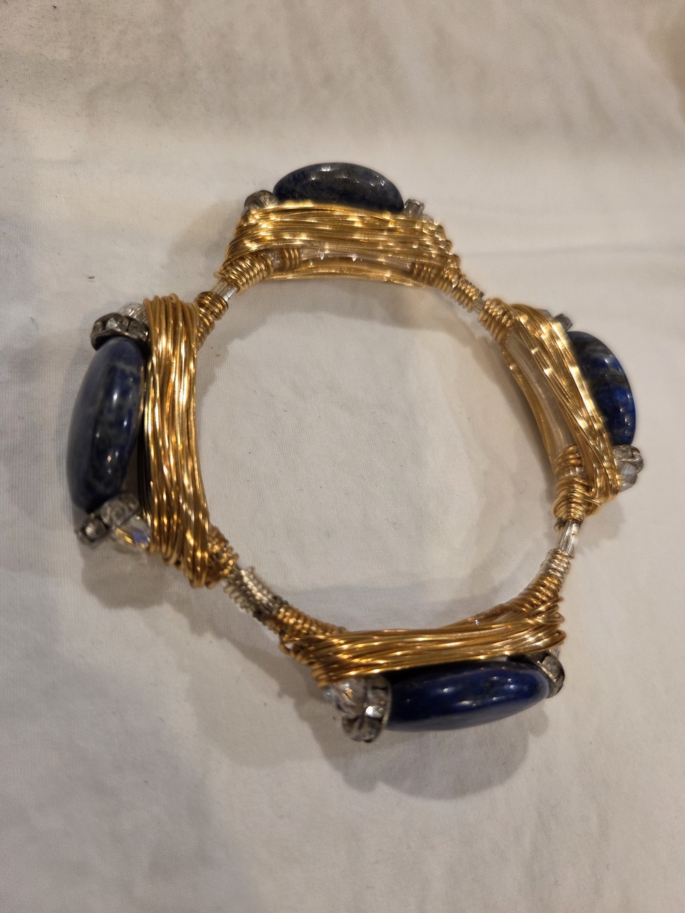Gold-Wrapped Blue Stone Wire Bangle Bracelet
